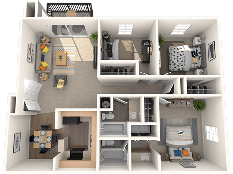 Tampa, FL Apartments – The Commons - 3D floorplan of our 3 bedroom 2 bathroom apartment